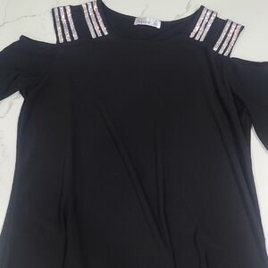 Madison Black Cold Shoulder Blouse with Embellished Straps